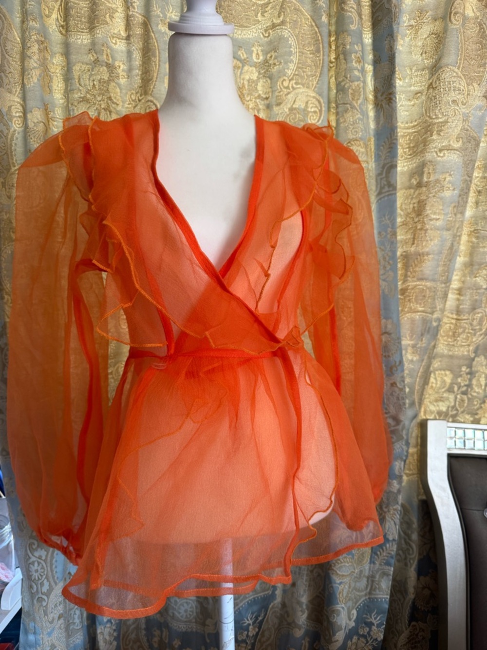 Beulah Sheer Coral-Orange Ruffle Neck Blouse